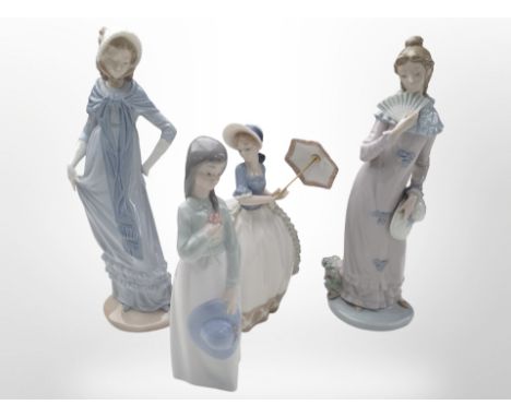 Four Nao figures including girl with parasol, etc., tallest 31cm.