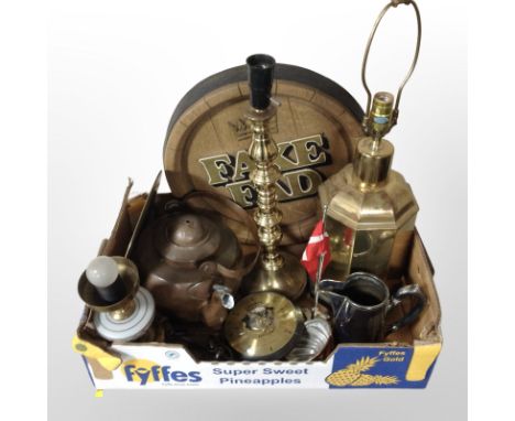 A beer keg-style plaque, together with brass lamp bases, copper kettle, other metal wares, barometer, Danish flagpole, etc. (