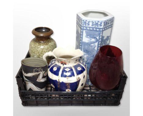 A reproduction Chinese blue and white porcelain hexagonal stick stand, West German pottery vase, large jug, oversized ruby gl