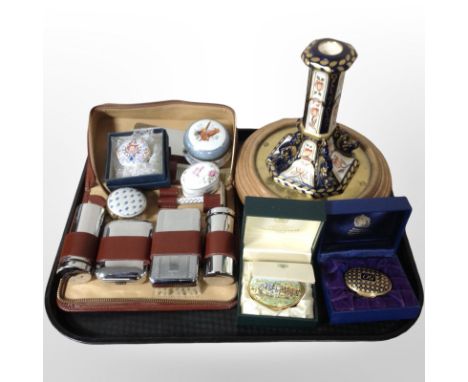 A gent's travel set, together with a group of enamelled pill boxes including Del Prado, Toye, Kenning & Spencer Limited, toge