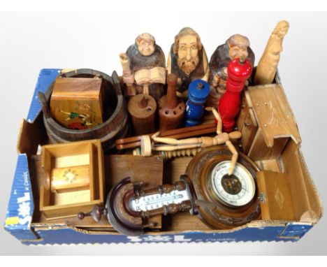 A group of treen including barometer, figures, miniature pine chest of drawers, trinket boxes, etc. (1 box)