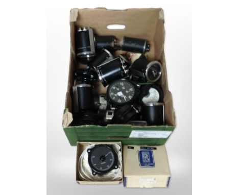 A collection of gauges and meters measuring knots, voltmeter, rototherm thermometer, etc. (1 box)