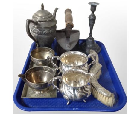 A group of EPNS tea wares, 19th-century pewter candlestick, iron, etc.