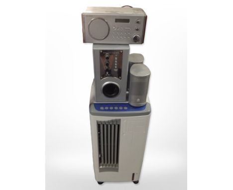 A dehumidifier, together with a Ministry of Sound active channel speaker system with pair of speakers, an Alba digital radio.
