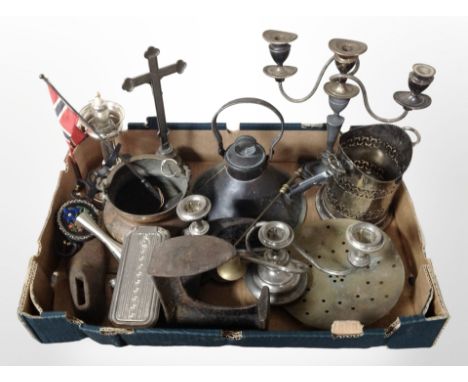 A group of metal wares including silver-plated candelabrum, crucifix, bottle stand, cobbler's last, Rolls razor, etc. (1 box)