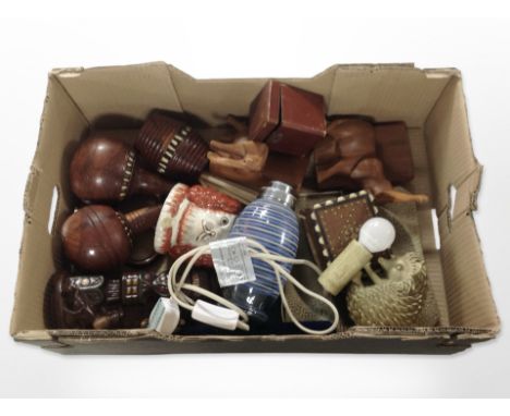 A group of treen including bookends, trinket box, lamps, together with a small Japanese lacquered tea caddy, glass bottle, et