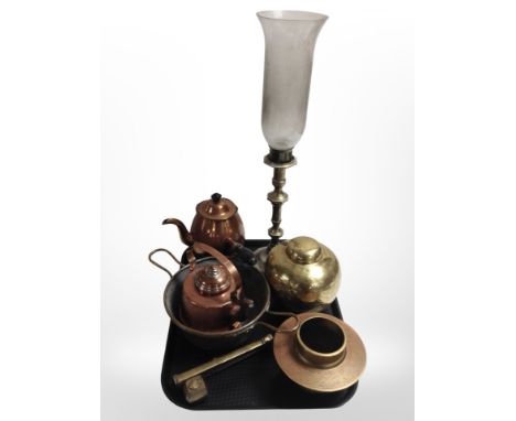 A group of metal wares to include an Indian Benarez brass vase, an oriental brass ginger jar, copper colander, further teapot