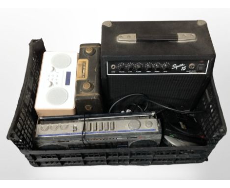 A group of electricals including Squier 15 amplifier, vintage and modern radios, etc. (1 box)