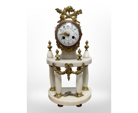 A French ormolu and white marble portico clock, height 42cm