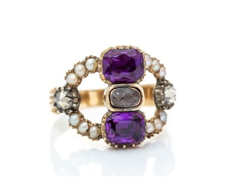 A George IV amethyst, diamond and seed pearl mourning ring, with central hair locket flanked by two cushion-cut amethyst, the