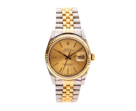 Rolex - a gentleman's bi-metal Rolex Oyster Perpetual Datejust wristwatch, circular textured gilt dial, approx. 30mm, baton h