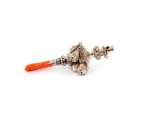 A Victorian silver rattle, Birmingham 1888, six bells, approx 13cm long, 1.5ozt gross