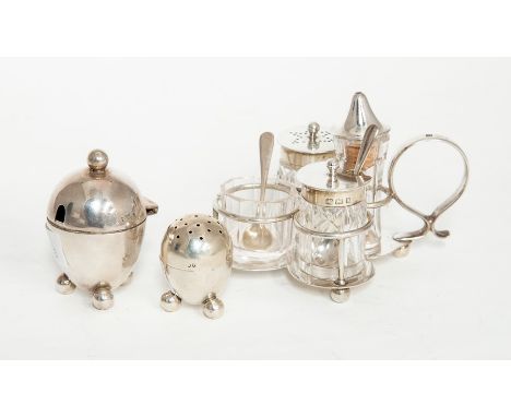 A group of silver condiments including: late Victorian plain trefoil stand with loop handle and mounts together with four cut