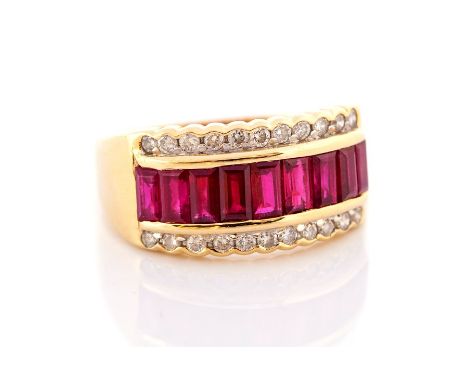 A ruby and diamond 18ct yellow ring, channel set row of step-cut rubies flanked by two rows of round brilliant-cut diamonds, 