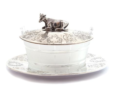 A Victorian glass and silver butter dish, the frosted glass pail shaped dish with a loose cover, engraved with flowers and fo