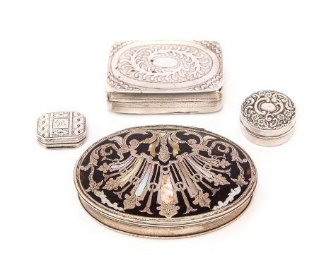 An 18th Century Continental possibly Italian oval silver pique tortoiseshell snuff box, the cover with geometric swirling dec