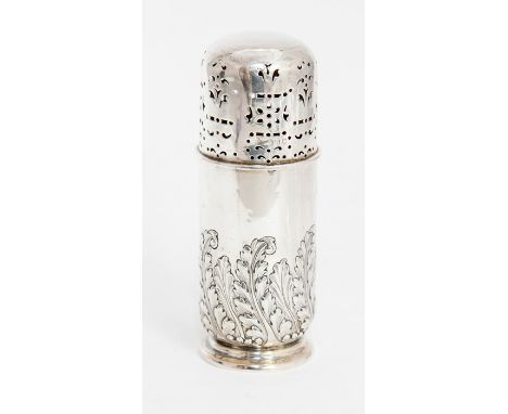 A late Victorian silver cylindrical sugar shaker, the base chased with scrolling acanthus leaves, the detachable cover pierce