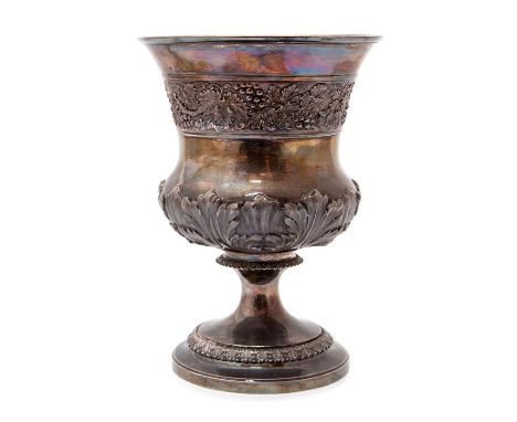 ***DESCRIPTION AMENDED***A George IV silver pedestal large wine goblet London 1823, with embossed vine leaf decoration to rim