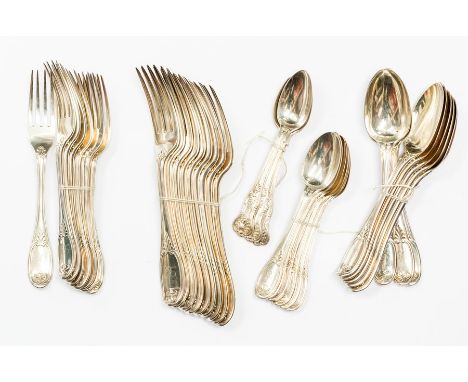 A collection of&nbsp;Victorian silver flatware to include x 8 dessert forks, x 9 table forks, x9 teaspoons and x 8 dessert sp