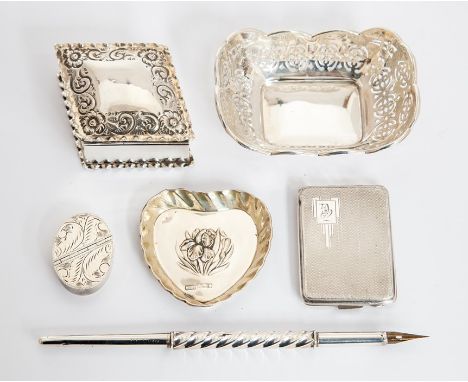 A collection of table silver including: An Art Deco engine turned card case, by W Wilkinson Ltd, Birmingham, 1938; a heart sh