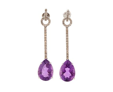 A pair of amethyst and diamond 14ct white gold drop earrings, claw-set with pear shaped amethyst approx 4.5cts each, suspende