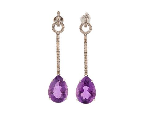 A pair of amethyst and diamond 14ct white gold drop earrings, claw-set with pear shaped amethyst approx 4.5cts each, suspende