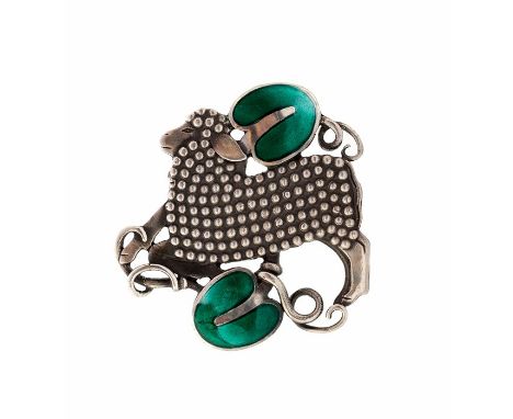  Arno Malinowski for Georg Jensen - a Danish silver and enamel brooch no.284, pierced and cast in low relief with a lamb befo
