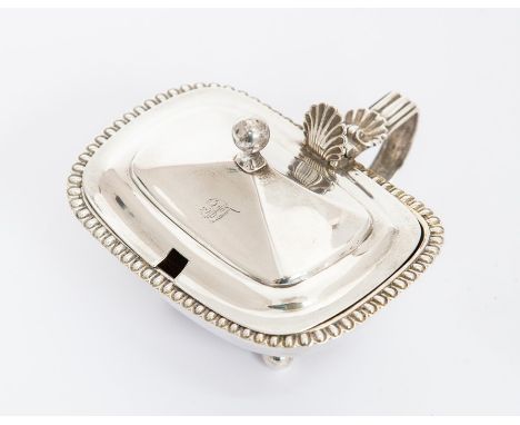 A George III silver oblong mustard pot and cover, gadroon border on four ball feet, the cover with ball finial, engraved with