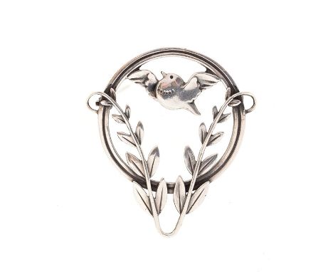 Arno Malinowski for Georg Jensen - a Danish silver brooch, no. 258, openwork circlet enclosing a bird and foliage approx 4cm&