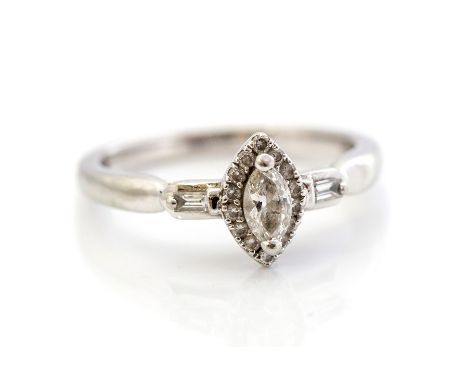 A diamond and platinum solitaire ring, by Emmy London, the centre marquise cut diamond measuring approx. 0.25ct with a brilli