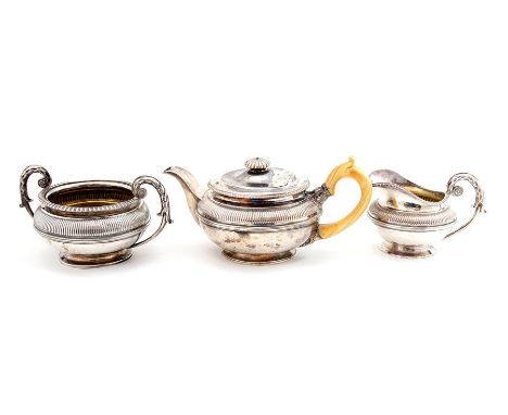 Paul Storr: A matched George IV silver tea set including teapot, sugar bowl and milk jug, the sugar bowl by Paul Storr, Londo