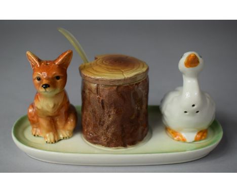 A Goebels  Novelty Cruet in the Form of Fox and Goose Salt and Pepper with Tree Trunk Mustard Pot 