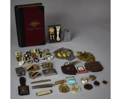A Vintage Butlins Badge Collection Box Containing Various Butlin Badges, Cigarette Lighters, AA Badge, Enamelled Badges, Mini