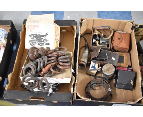 Two Boxes of Sundries to Include Cow Horn Powder Flask, Box Cameras, Wooden Curtain Rings, Vintage Mixer Tap etc 