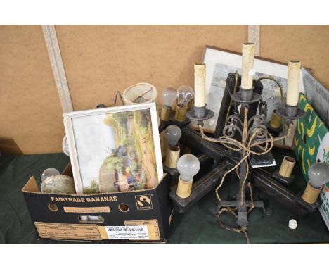 A Set of Wooden Ceiling Light Fittings, Prints etc 