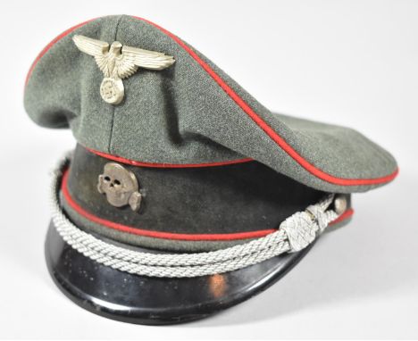 A Nazi Waffen SS Officers Peaked Cap with Green Body, Red Piping, Officers Pattern Chin Chords on Pebble Side Buttons, with E
