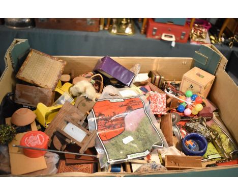 A Box of Vintage Toys and Sundries, Dolls House Furniture etc 