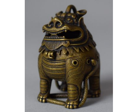 A Chinese Bronze Incense Burner in the Form of a Temple Lion Standing on Snake with Hinged Lid, 6cm high 