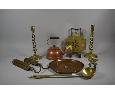 A Collection of Vintage Brasswares to Include Spring Balances, Spiralled Candle Sticks, Range Stand Together with Copper Kett