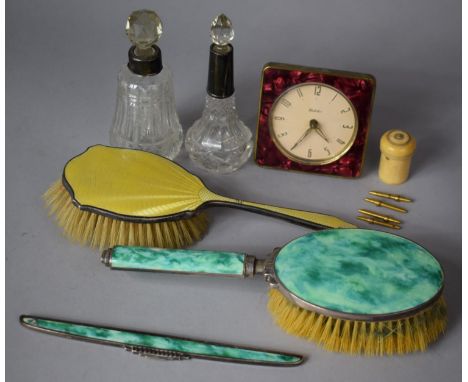 A Mid 20th Century Enamelled Hairbrush, Alarm Clock, Two Scent Bottles etc 