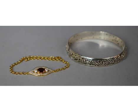 A White Metal Bangle Stamped with B and a Gilt Metal and Jewelled Bracelet 