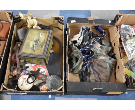 Two Boxes of Sundries to Include Camouflage Jacket, Gents Ties, Vintage Tin, Metal Funnel, Ice Skate Mounts etc 