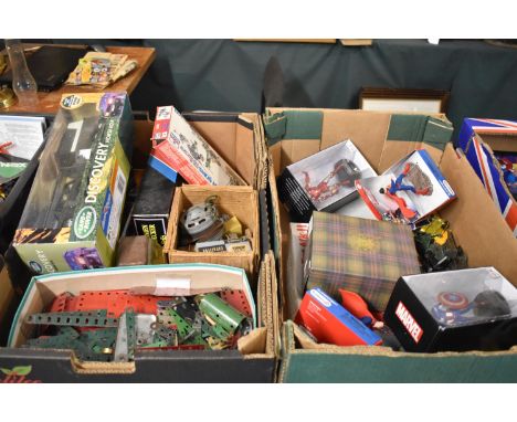 Two Boxes of Vintage Toys to Include Meccano, Diecast Toys, Tonka Lorry, Kits, Superhero Figures, Mounted SS Trooper with Box