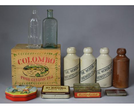 A Collection of Stoneware and Glass Bottles, Vintage Tins, Teabox etc 