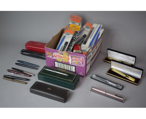 A Box Containing Various Clutch Pencils, Pensets, Vintage Fountain Pens, Pencils etc 
