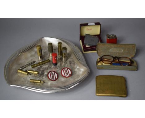A Shaped Tray Containing Various Vintage Lighters, Cigarette Case, Enamel Cartours Badges, Spectacles (We CANNOT post lighter