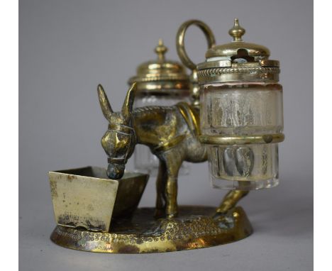 A Silver Plated Novelty Cruet in the Form of Donkey with Saddle Bags at Trough, 10cm high 