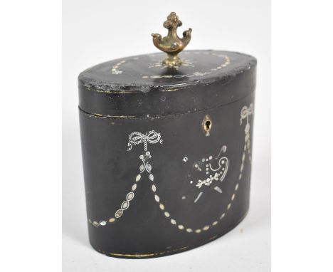 An Early French Papier Mache Oval Tea Caddy with White Metal and Mother of Pearl Decoration and Ormolu Finial, Inner Press, 1