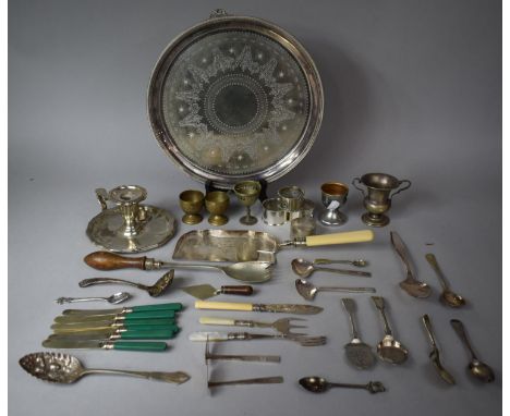 A Collection of Various Metalwares to include Circular Salver, Bedchamber Stick, Napkin Rings, Various Cutlery Etc 
