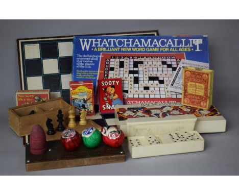 A Box Containing Various Card Games, Cribbage Board, Chess Board, Chess Pieces etc 